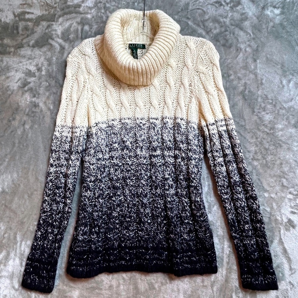 Lauren Ralph Lauren Ombre Cable Knit Turtleneck Mohair Sweater Ivory Navy Blue S